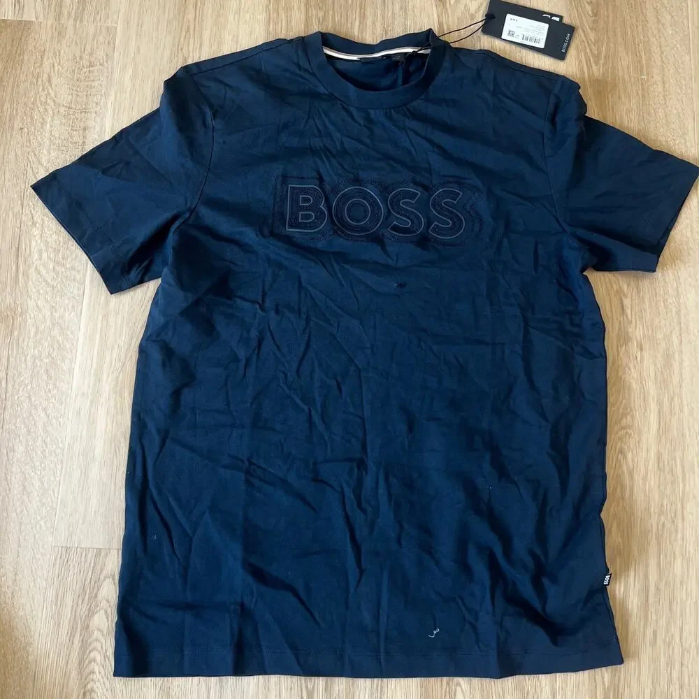 HUGO BOSS Men's Logo-Artwork T-Shirt In Cotton Jersey Size L In Dark Blue